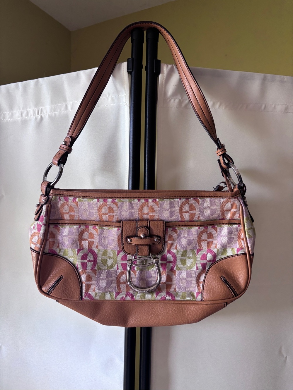 Vintage Y2K Etienne Aigner Pink Multi-Color Pattern Shoulder Bag with Brown Trim